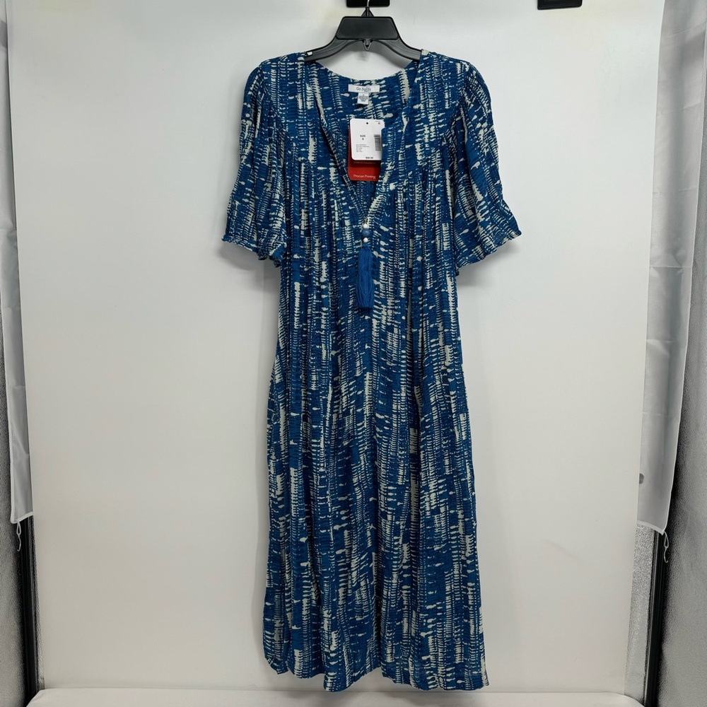 NWT Go Softly Patio Women Short Sleeve Blue Patio Dress Small S Rayon Crinkle